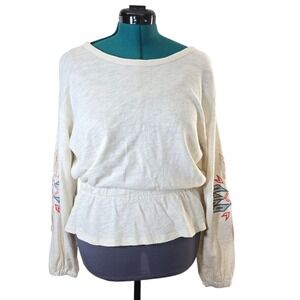 Wrangler Retro Women's L Embroidered‎ Sleeve Peasant Top Blouse Ivory Boho